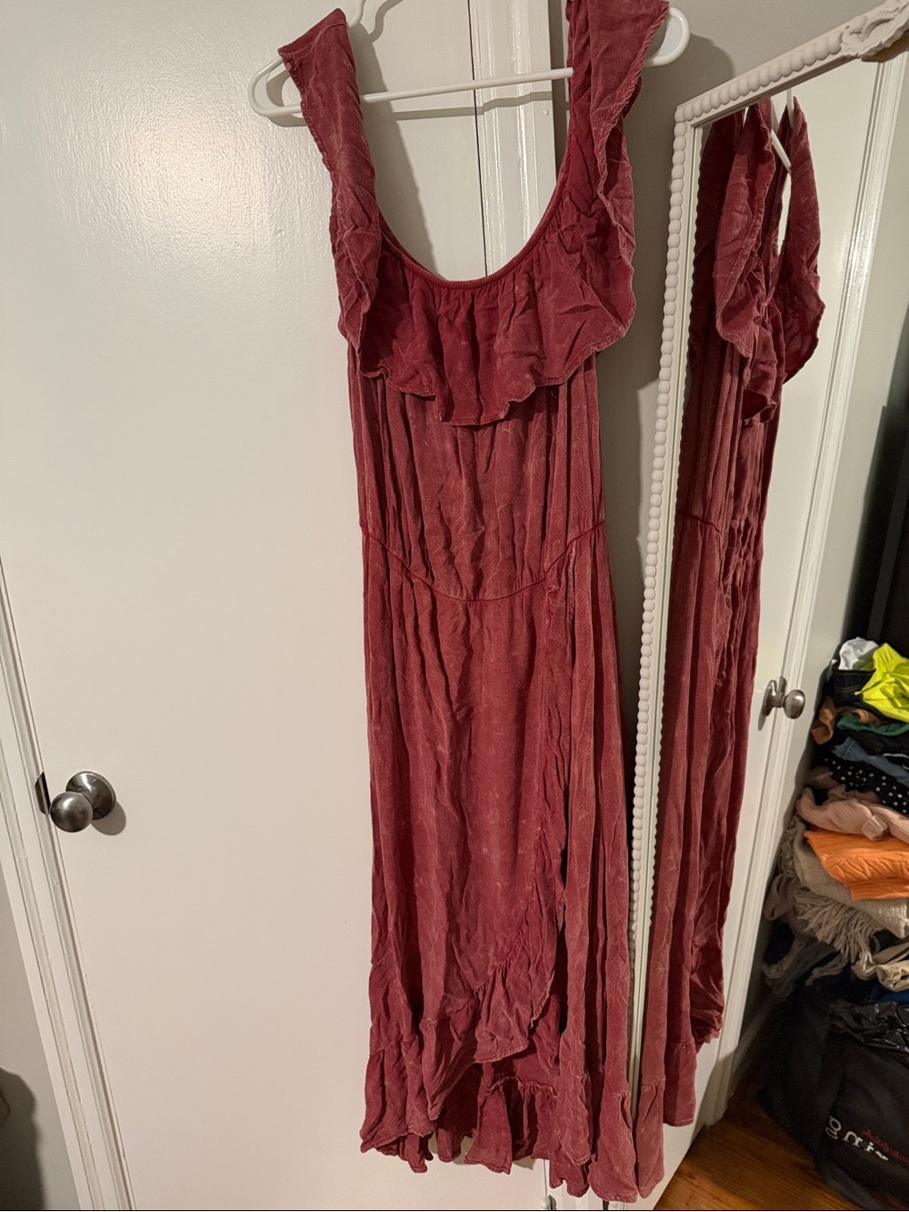 Sleeveless Ruffle-Trim Maxi Dress in Mauve